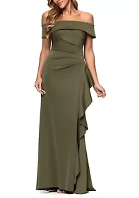 Women's Off The Shoulder Cascading Ruffle Scuba Gown