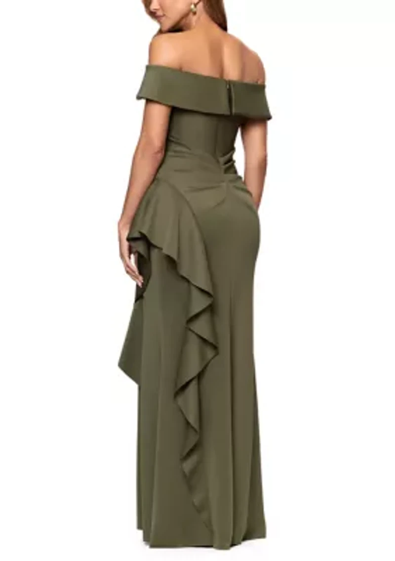 Women's Off The Shoulder Cascading Ruffle Scuba Gown