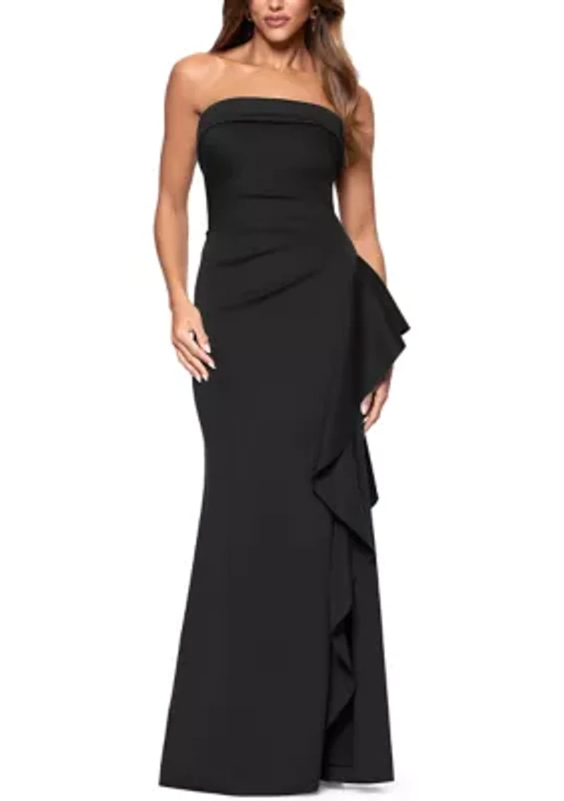 Women's Strapless Scuba Side Ruffle Gown