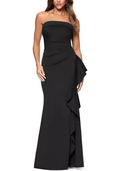 Women's Strapless Scuba Side Ruffle Gown