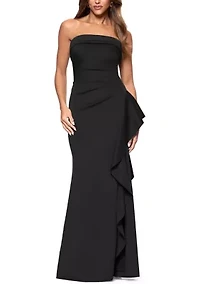 Women's Strapless Scuba Side Ruffle Gown