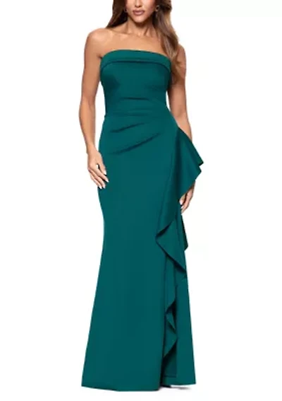 Women's Strapless Scuba Side Ruffle Gown