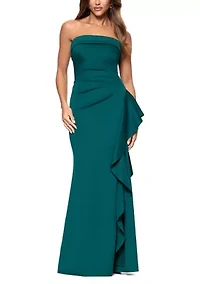 Women's Strapless Scuba Side Ruffle Gown
