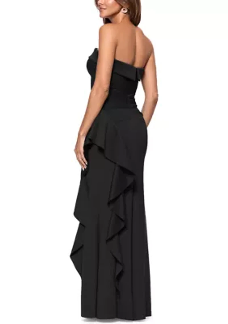 Women's Strapless Scuba Side Ruffle Gown