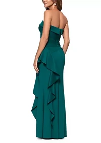 Women's Strapless Scuba Side Ruffle Gown