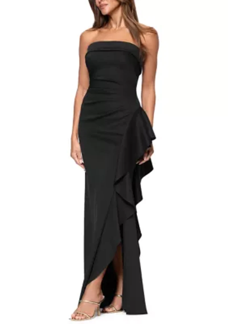 Women's Strapless Scuba Side Ruffle Gown