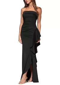 Women's Strapless Scuba Side Ruffle Gown