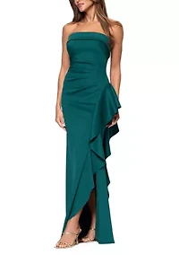 Women's Strapless Scuba Side Ruffle Gown