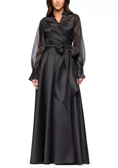 Women's Long Sleeve V-Neck Solig Organza Ballgown