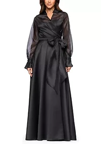 Women's Long Sleeve V-Neck Solig Organza Ballgown