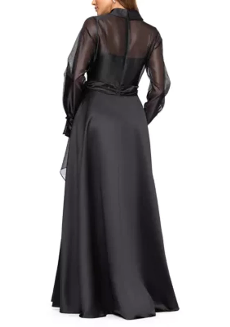 Women's Long Sleeve V-Neck Solig Organza Ballgown