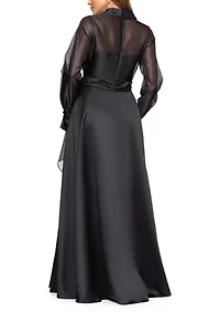 Women's Long Sleeve V-Neck Solig Organza Ballgown