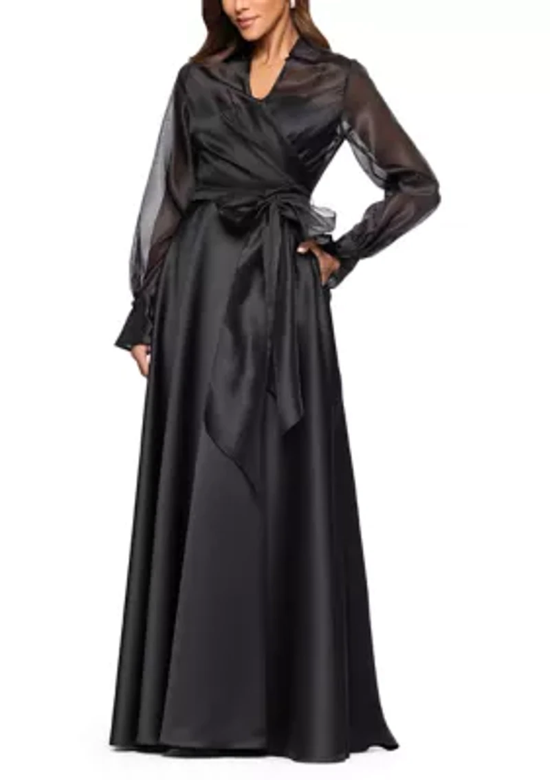 Women's Long Sleeve V-Neck Solig Organza Ballgown