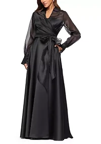 Women's Long Sleeve V-Neck Solig Organza Ballgown