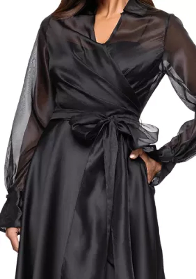 Women's Long Sleeve V-Neck Solig Organza Ballgown