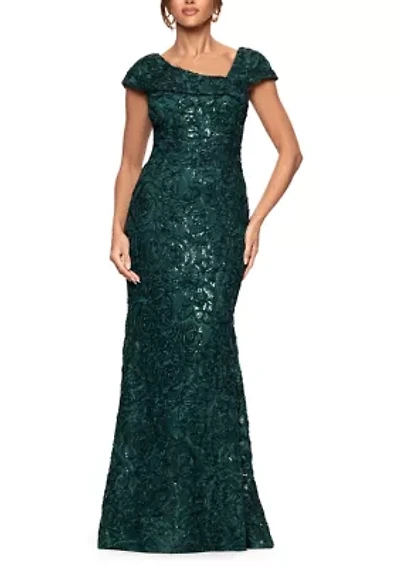 Women's Cap Sleeve Asymmetrical Neck Solid Lace Ballgown