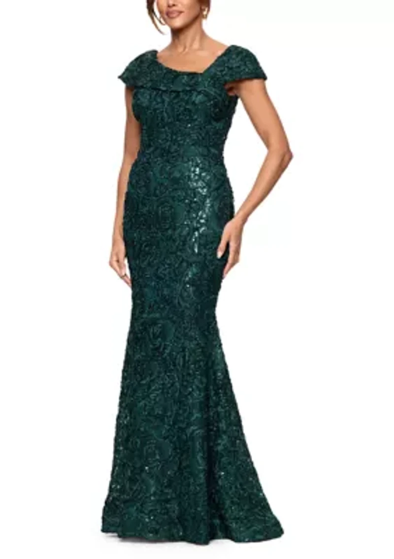 Women's Cap Sleeve Asymmetrical Neck Solid Lace Ballgown