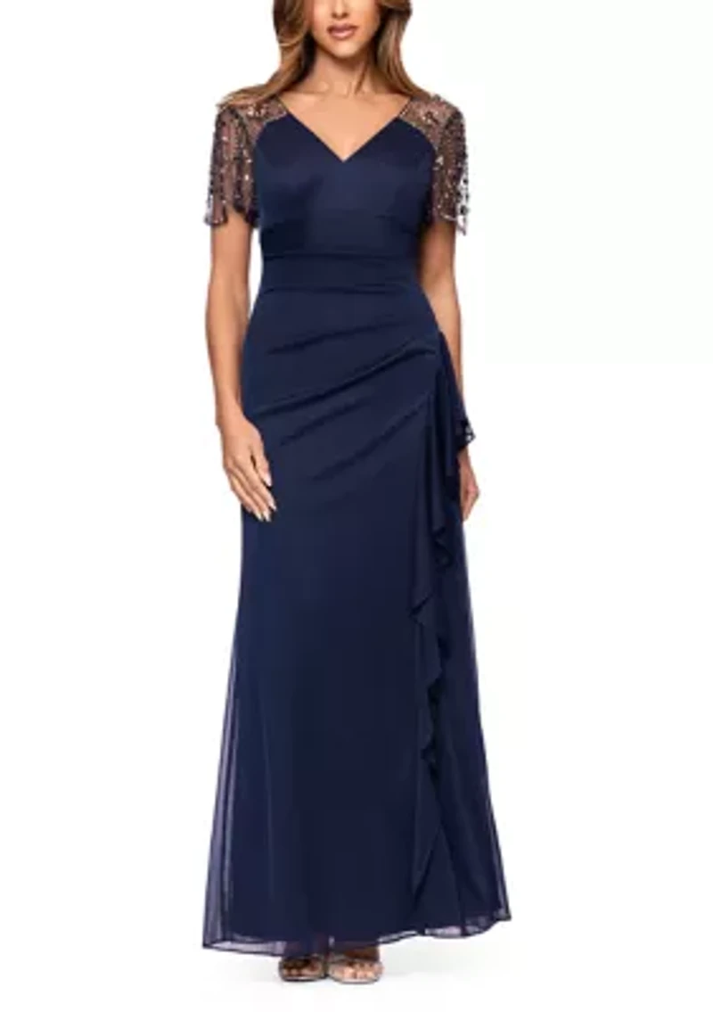 Women's Mesh Sleeve V-Neck Solid Slim Gown