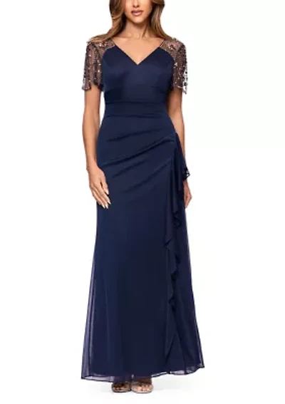 Women's Mesh Sleeve V-Neck Solid Slim Gown