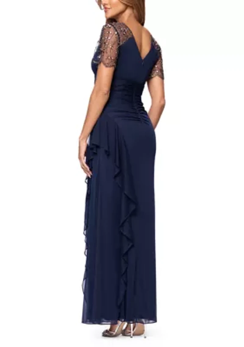 Women's Mesh Sleeve V-Neck Solid Slim Gown