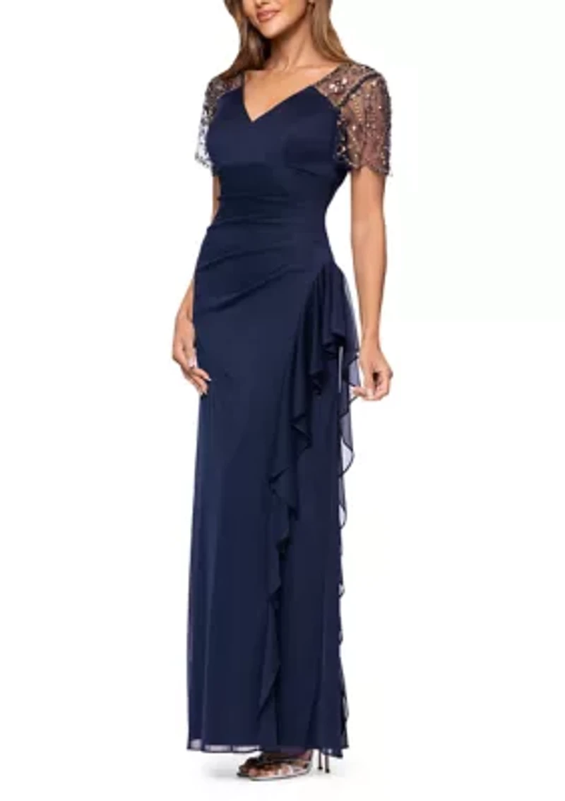 Women's Mesh Sleeve V-Neck Solid Slim Gown
