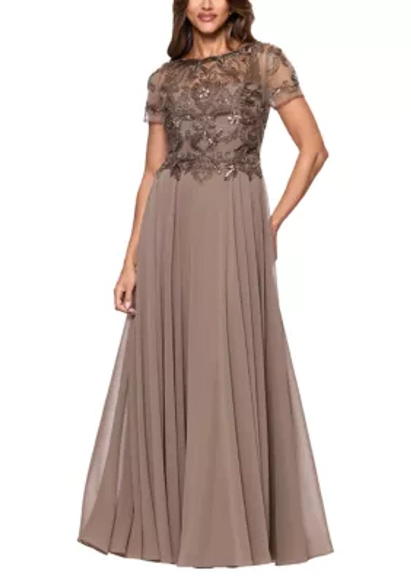 Women's Short Sleeve Solid Satin A-Line Ballgown