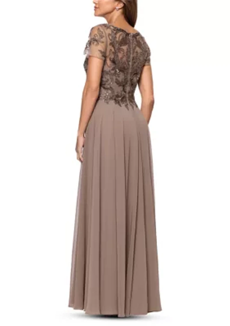 Women's Short Sleeve Solid Satin A-Line Ballgown