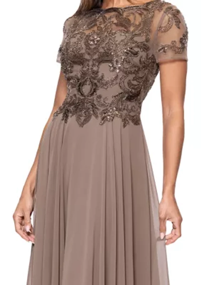 Women's Short Sleeve Solid Satin A-Line Ballgown