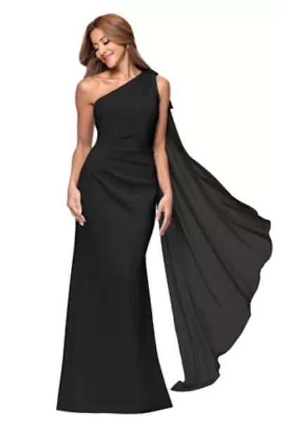 Women's Long Scuba One Shoulder Sash Dress