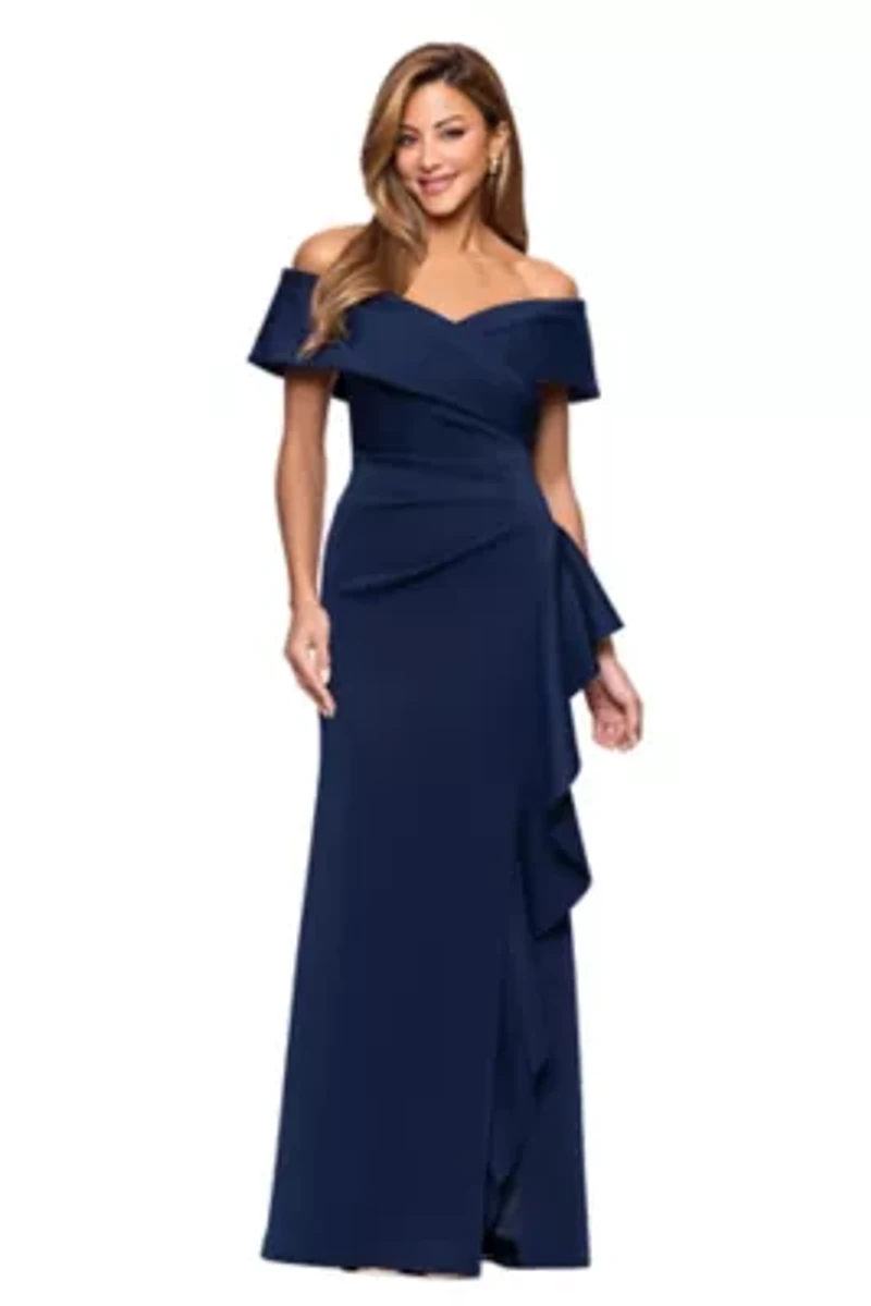 Women's Long Tehcno Scuba Off The Shoulder Side Ruffle Dress
