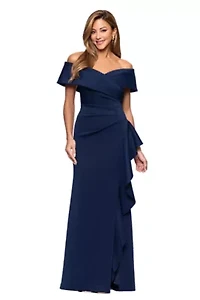 Women's Long Tehcno Scuba Off The Shoulder Side Ruffle Dress