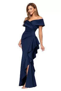 Women's Long Tehcno Scuba Off The Shoulder Side Ruffle Dress