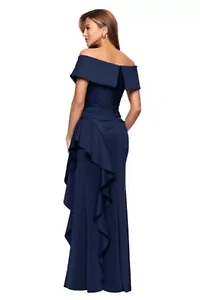 Women's Long Tehcno Scuba Off The Shoulder Side Ruffle Dress