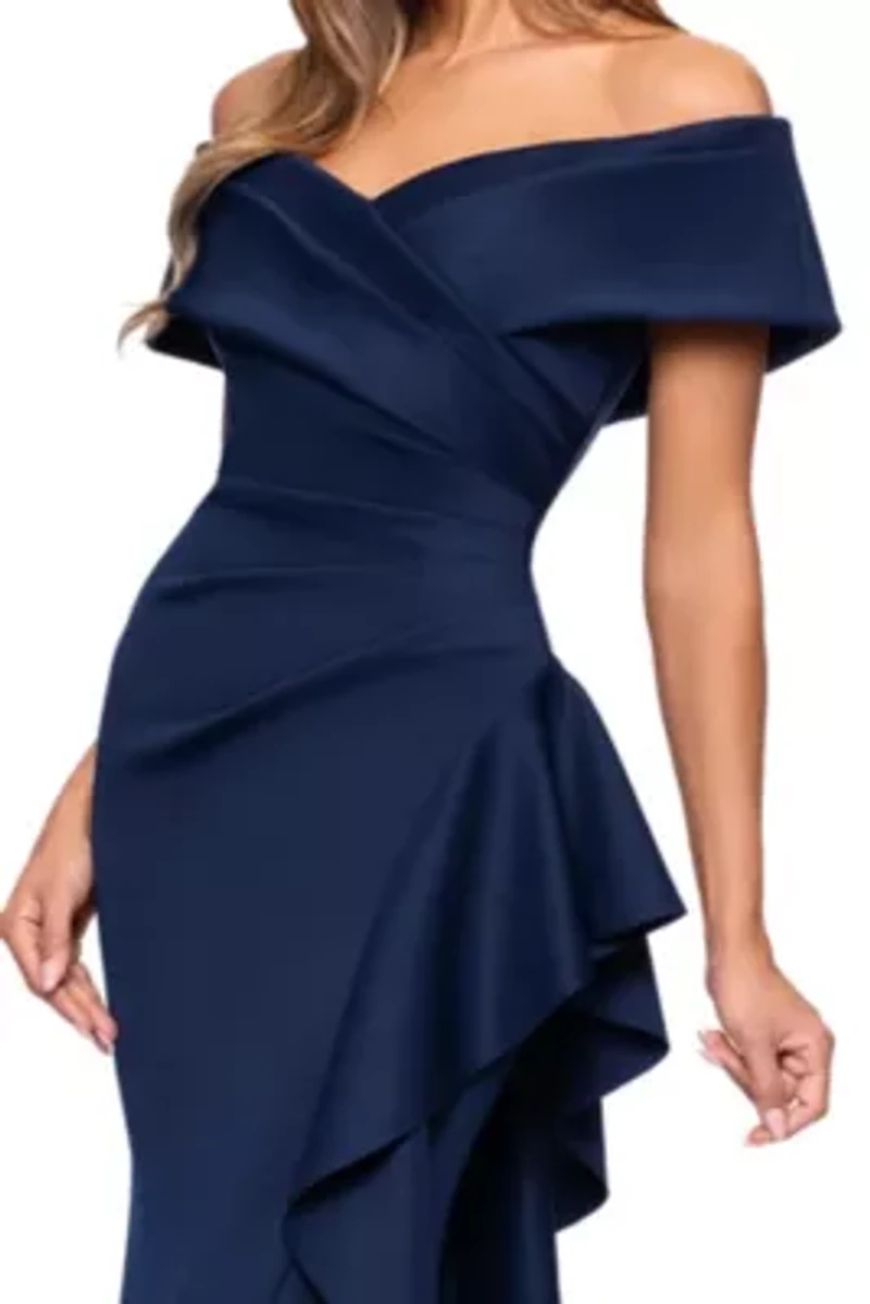 Women's Long Tehcno Scuba Off The Shoulder Side Ruffle Dress