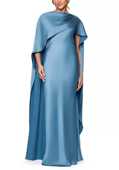 Women's Short Sleeve Satin Overlay Cape Gown