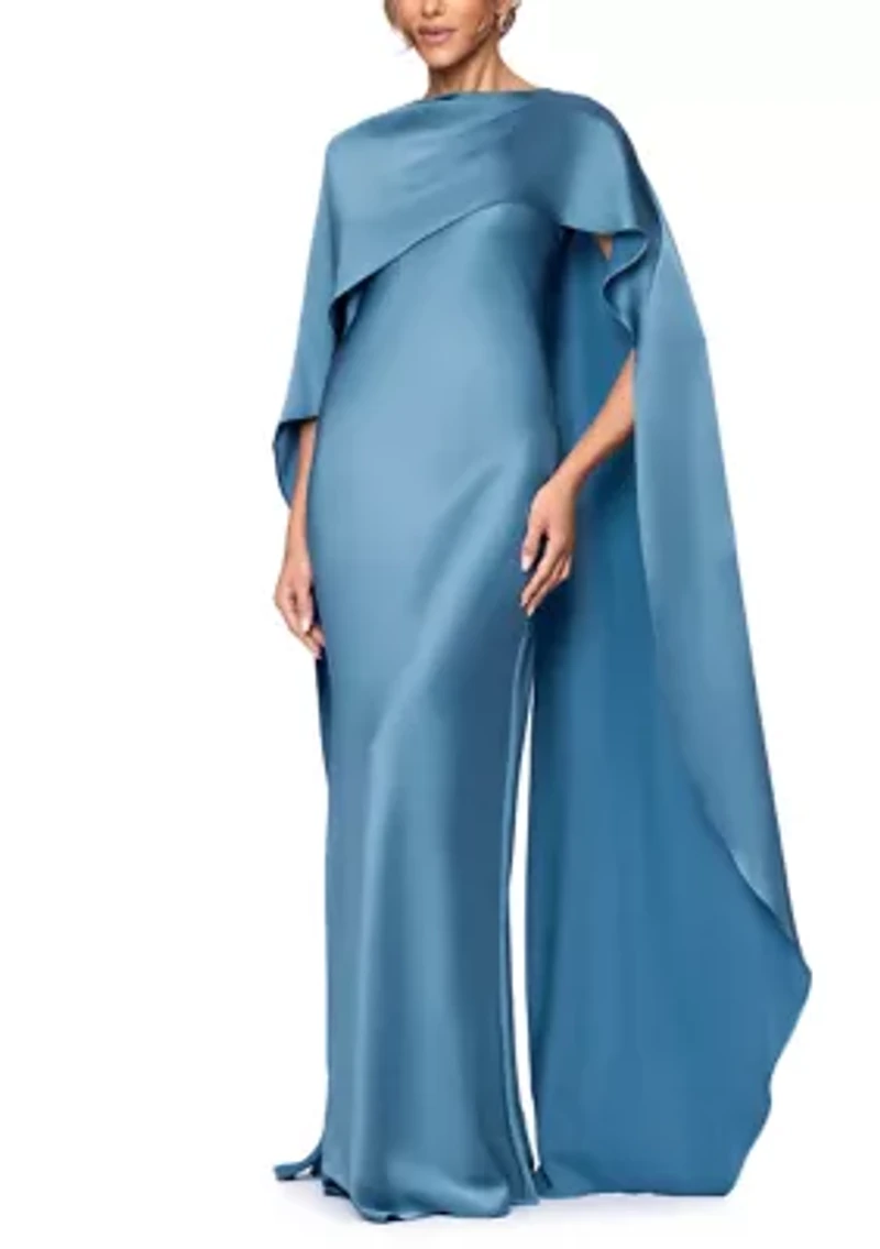 Women's Short Sleeve Satin Overlay Cape Gown