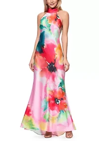 Women's Sleeveless Halter Floral Satin Gown