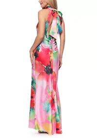 Women's Sleeveless Halter Floral Satin Gown