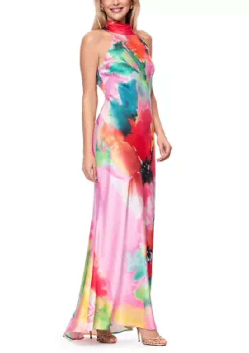Women's Sleeveless Halter Floral Satin Gown