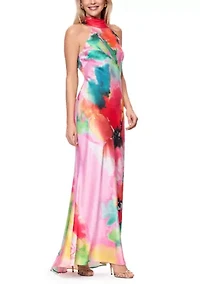 Women's Sleeveless Halter Floral Satin Gown