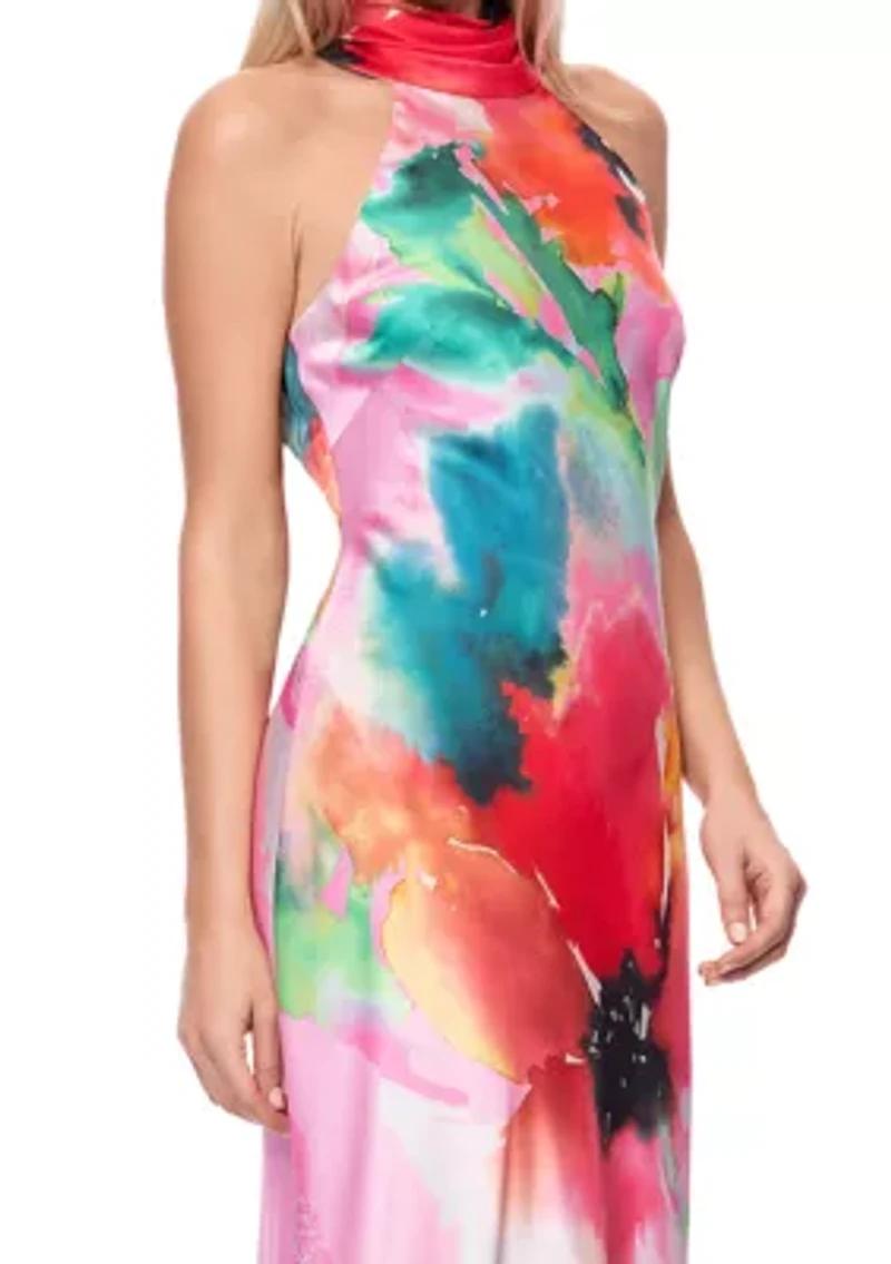 Women's Sleeveless Halter Floral Satin Gown