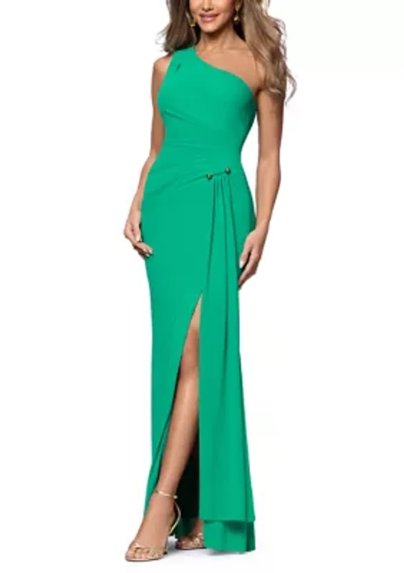 Women's Off Shoulder Matte Jersey Gown with Hardware