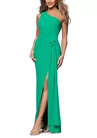 Women's Off Shoulder Matte Jersey Gown with Hardware