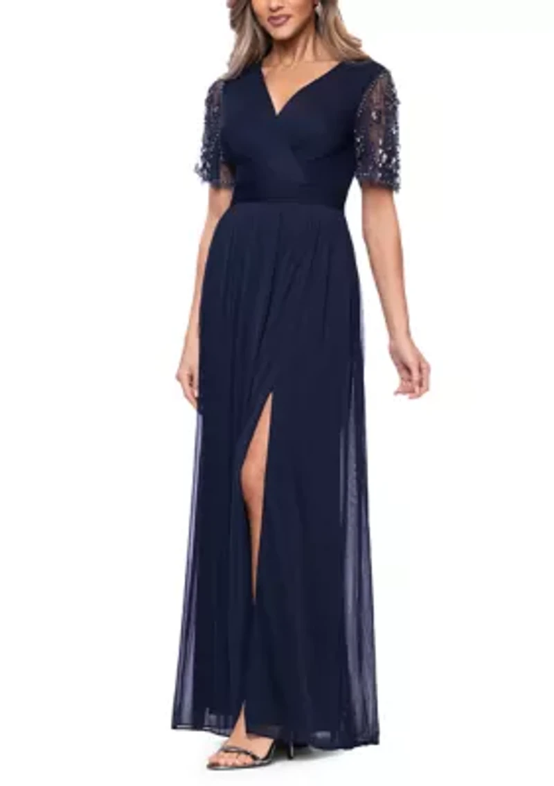 Women's Beaded Mesh Sleeve Gown