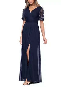 Women's Beaded Mesh Sleeve Gown