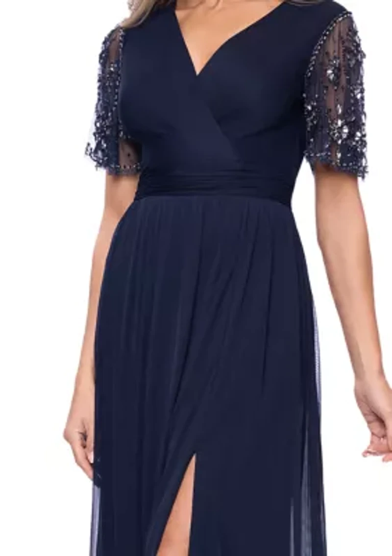 Women's Beaded Mesh Sleeve Gown