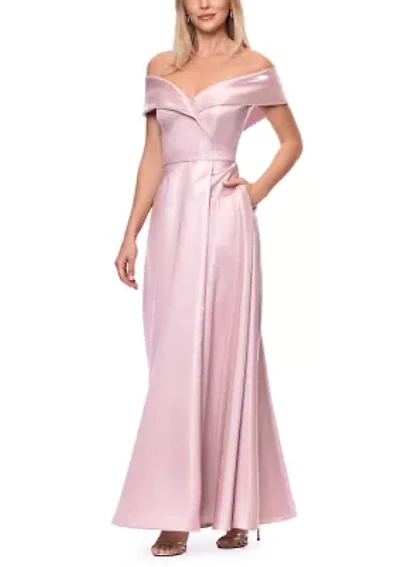 Women's Off Shoulder Long Shimmer Mikado Gown