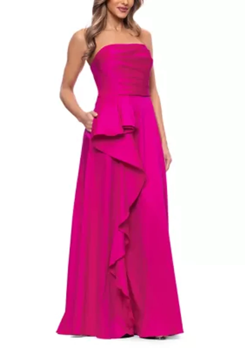 Women's Strapless Mikado Cascade Ruffle Gown