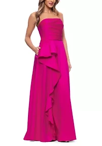 Women's Strapless Mikado Cascade Ruffle Gown