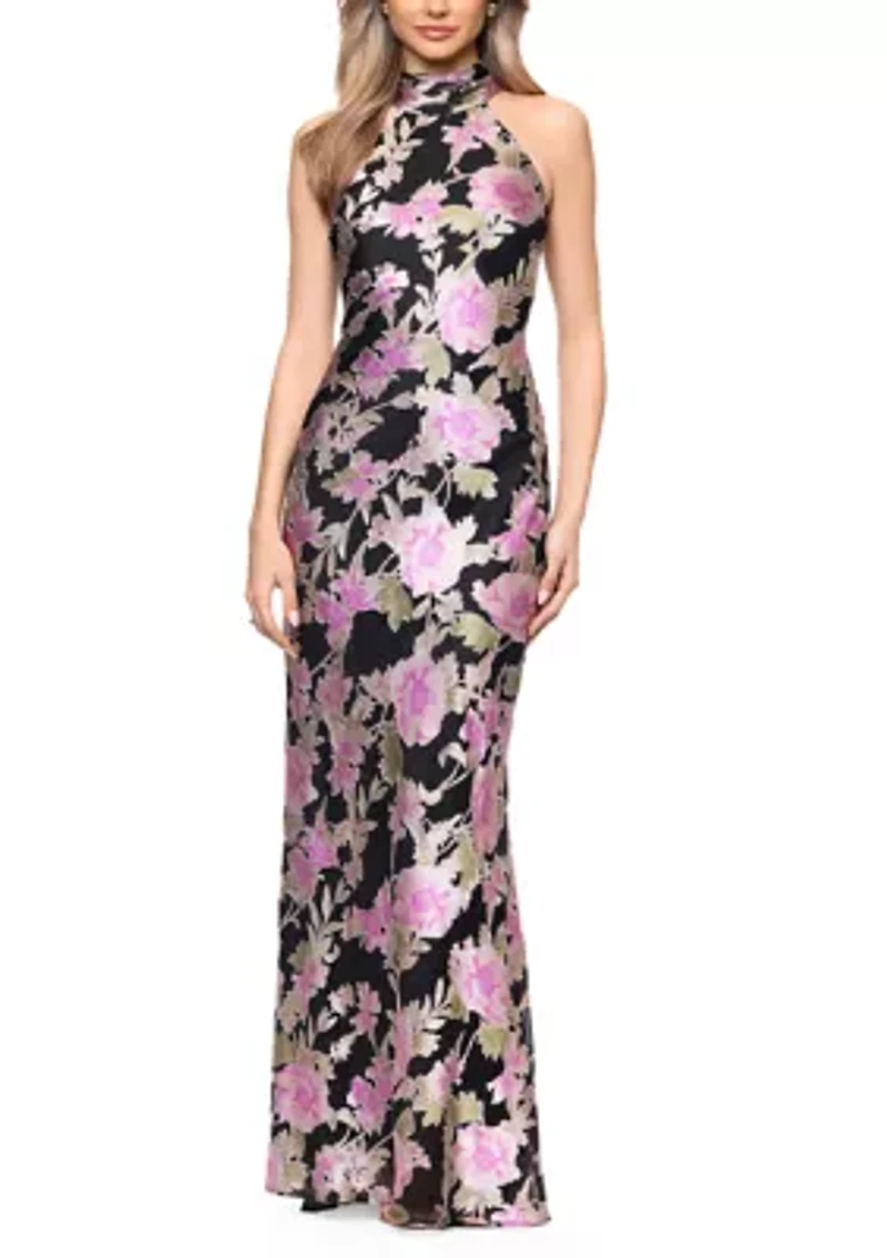 Women's Halter Mock Neck Floral Printed Burnout Gown